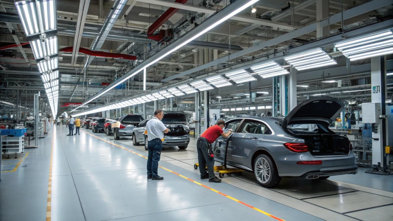 Workers assembling cars on a modern automotive assembly line