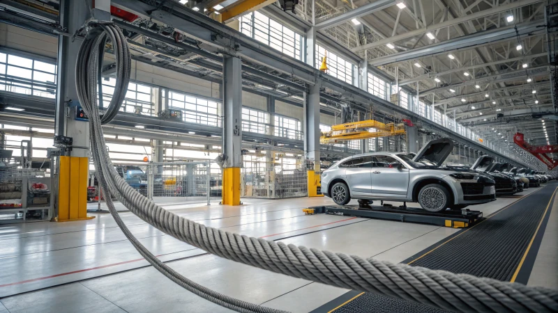 Photorealistic image of an automotive manufacturing facility featuring steel wire ropes and advanced machinery.