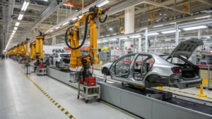 A busy automotive assembly line with machinery and robotic arms
