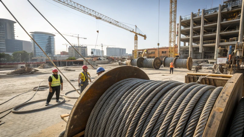 Construction workers using carbon fiber wire ropes at a busy site