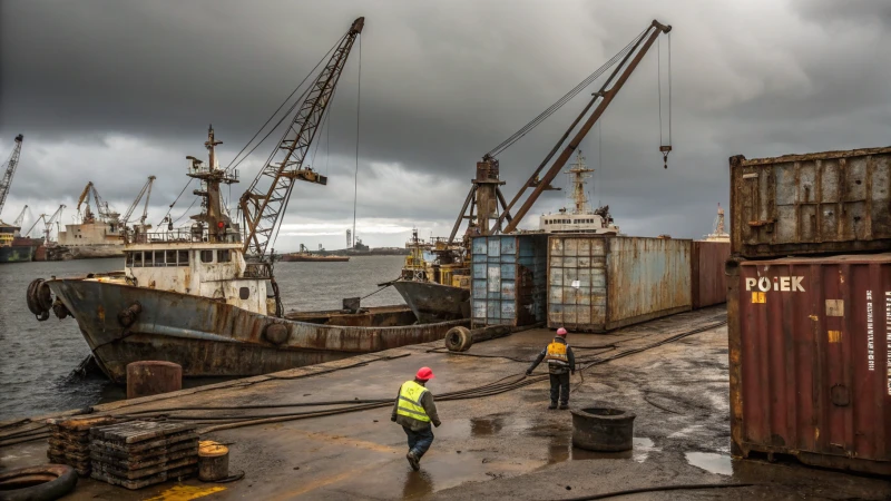 A busy port showcasing corroded infrastructure and worn-out ships.