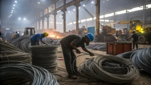 Workers processing steel wire ropes in a recycling facility
