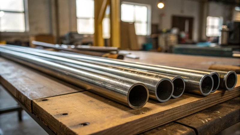 Close-up of shiny metal pipes on a wooden workbench