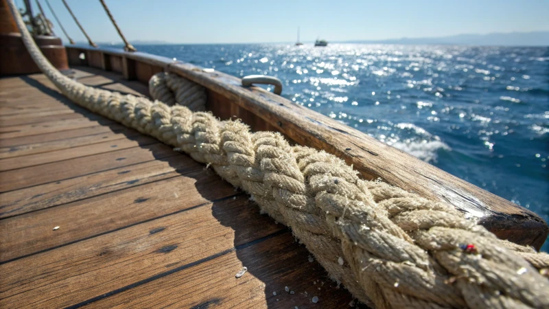 Close-up of thick marine rope on a weathered wooden deck