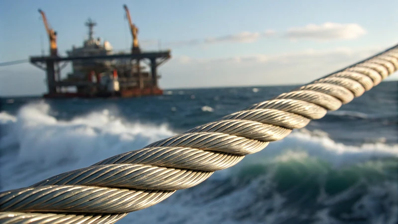 Close-up of stainless steel wire rope with an offshore oil rig in the background