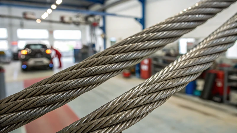 Close-up of intricately woven steel wire ropes in a testing facility