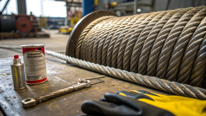 Close-up of wire rope with maintenance tools in a workshop