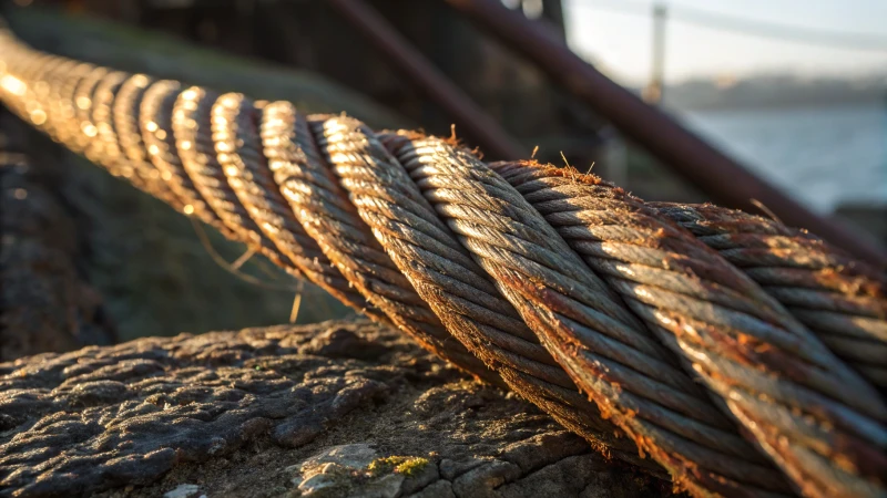 Close-up of a wire rope with rust and shiny strands