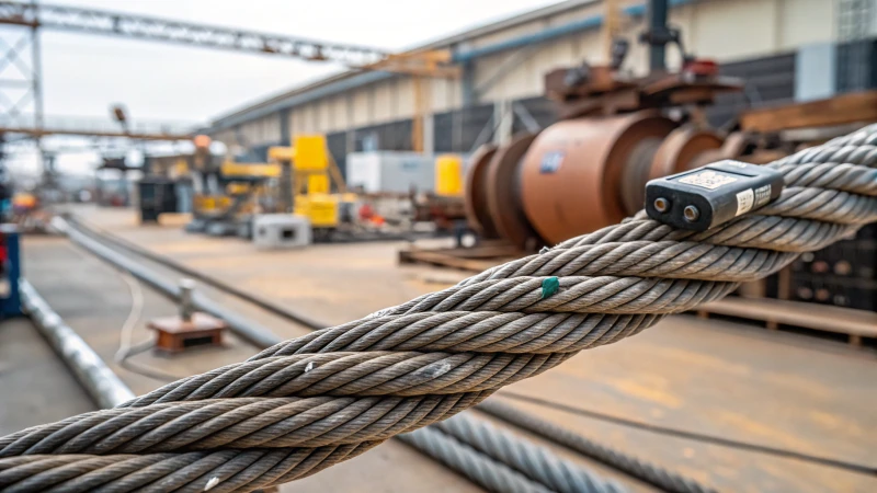 Close-up of wire ropes with monitoring sensors in an industrial setting