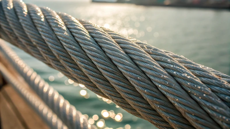 Close-up of a coated wire rope showing detailed strands and protective layer