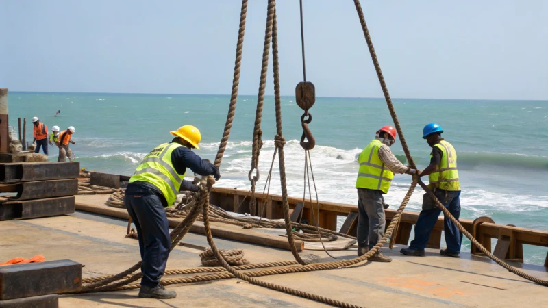 Construction site by the sea with workers and ropes