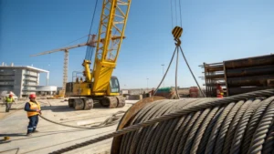 A construction site with a crane lifting heavy steel wire rope