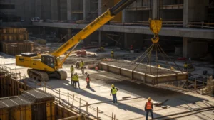 Construction site with a crane lifting a steel beam