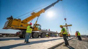 Construction site with crane and workers