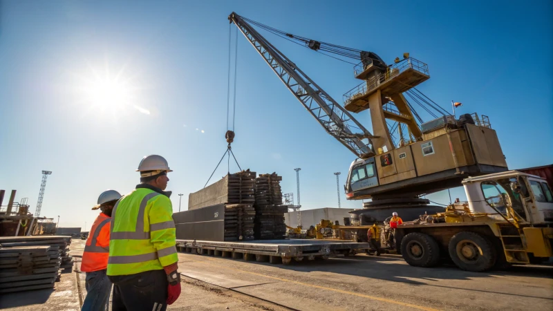 A construction site with a crane lifting materials and workers in safety gear.