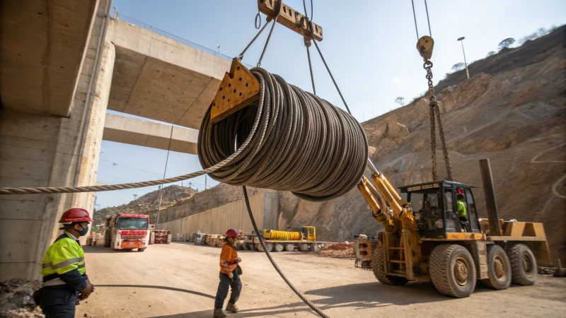 A construction site with a coiled steel wire rope and workers in safety gear