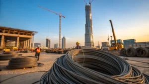 Construction site with steel wire ropes and a skyscraper