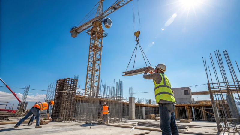 Construction site with a crane and workers using steel wire ropes
