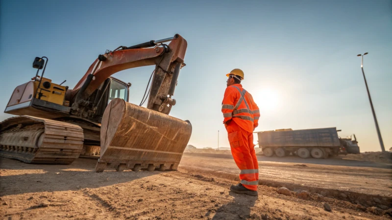 A construction worker in safety gear beside an excavator