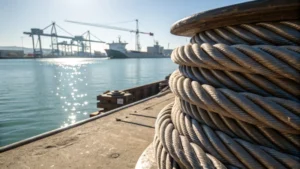 Close-up of a shiny steel wire rope coiled on a dock with cargo ships in the background