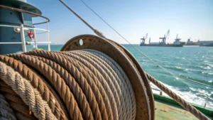 Close-up of a steel wire rope on a ship deck