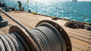 Close-up of a steel wire rope on a wooden dock with ocean background