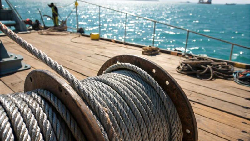 Close-up of a steel wire rope on a wooden dock with ocean background