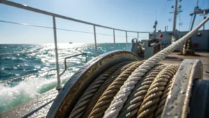 Close-up of a corrosion-resistant steel wire rope on a ship deck