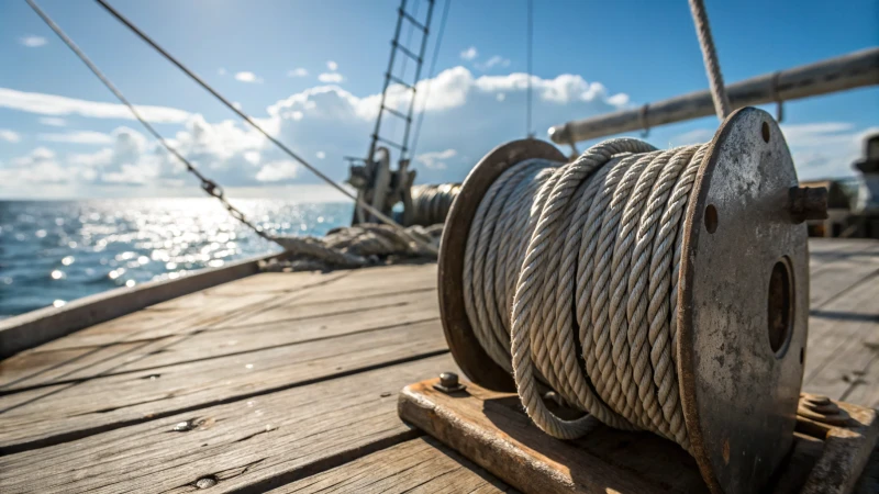 Close-up of steel wire rope on a boat deck