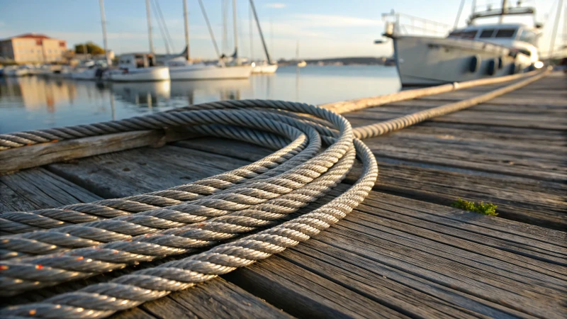 Close-up of shiny steel wire ropes coiled on a wooden dock
