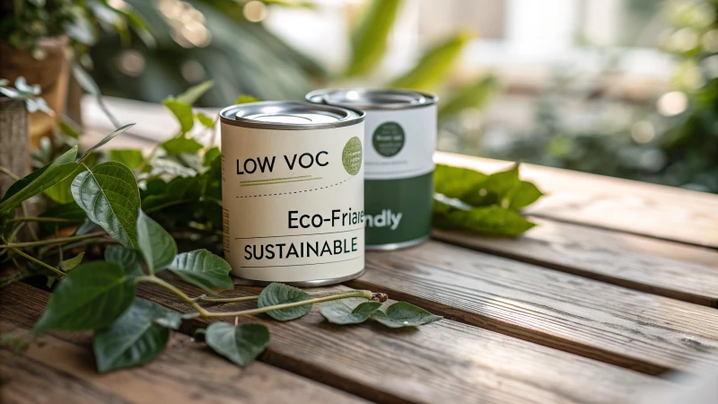Close-up of eco-friendly paint cans on a rustic table surrounded by green foliage.