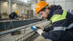 Engineer using ultrasonic testing equipment on steel wire rope in workshop