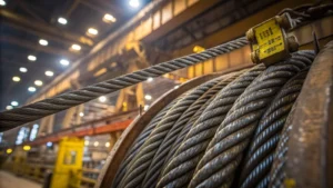 Close-up of a heavy-duty crane steel wire rope with certification tags.