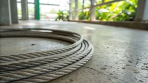 Close-up of coiled steel wire rope on concrete floor