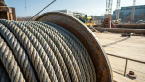 Close-up of a thick steel wire rope coiled on a construction site