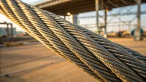 Close-up of heavy-duty steel wire rope with a glossy finish