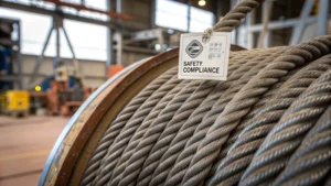 Close-up of a heavy-duty steel wire rope with safety labels