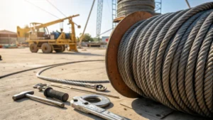 Close-up of heavy-duty steel wire rope on a construction site