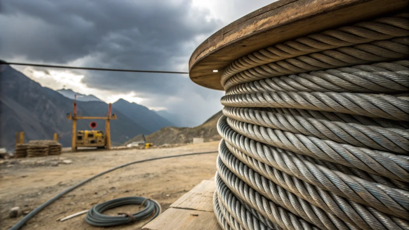 Coiled heavy-duty steel wire rope on a construction site with mountains in the background