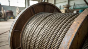 Close-up of heavy-duty steel wire rope coiled on a spool in an industrial setting