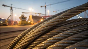 Close-up of steel wire ropes glistening under industrial lights