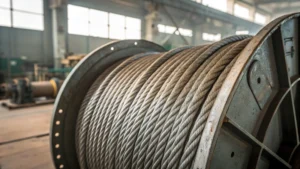 Close-up of heavy-duty steel wire ropes coiled on a reel