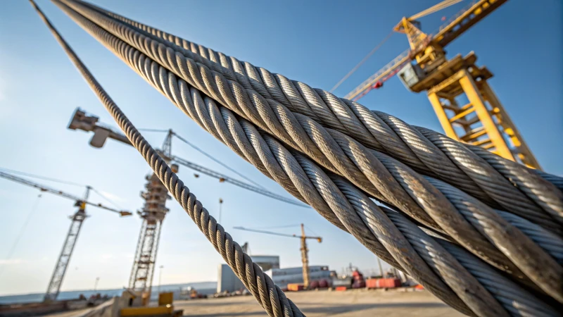 Heavy-duty steel wire ropes in a construction site with cranes