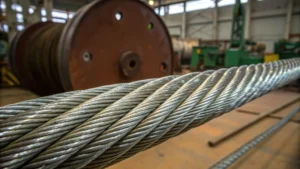 Close-up of heavy-duty wire rope with stainless and galvanized steel strands