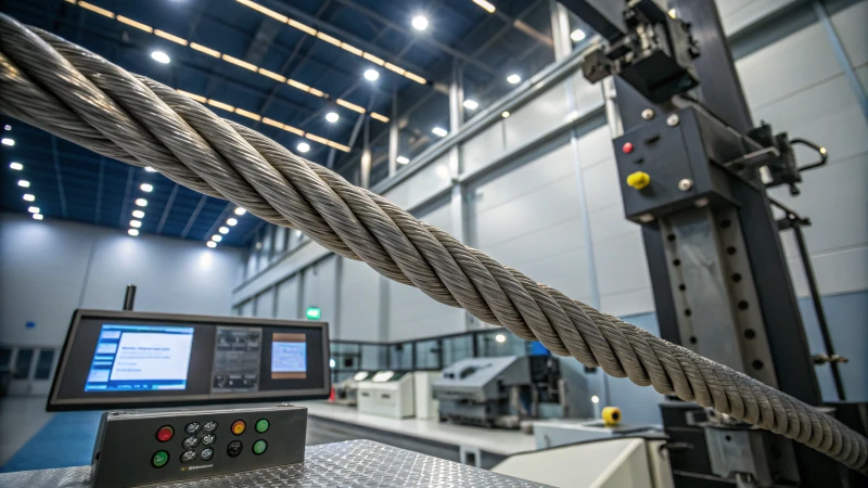 A high-tech laboratory with testing machinery and a steel wire rope