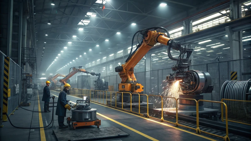 A modern automotive manufacturing facility with robotic arms and digital screens
