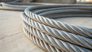 Close-up of high-toughness steel wire rope with intertwined strands