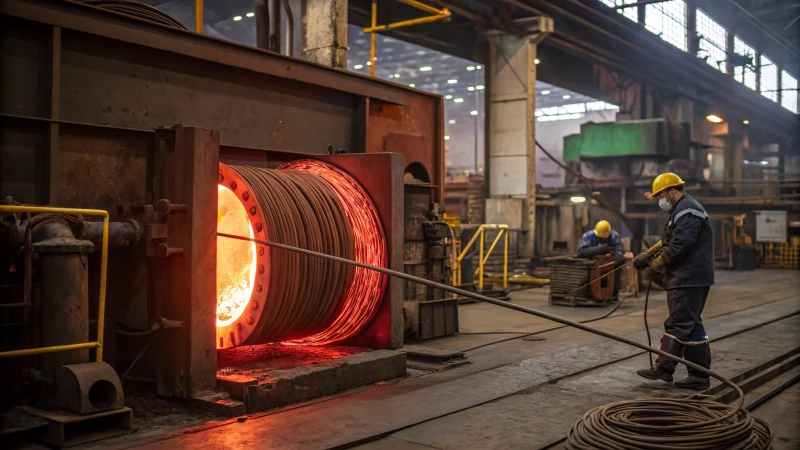 Industrial scene of steel wire rope manufacturing