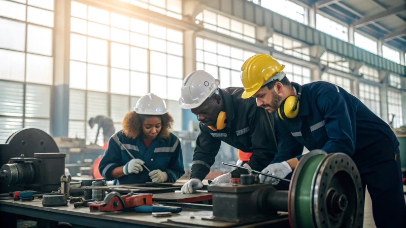 A diverse group of technicians inspecting heavy machinery in a factory.