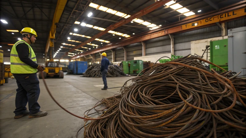 Workers in an industrial recycling facility with steel wire ropes